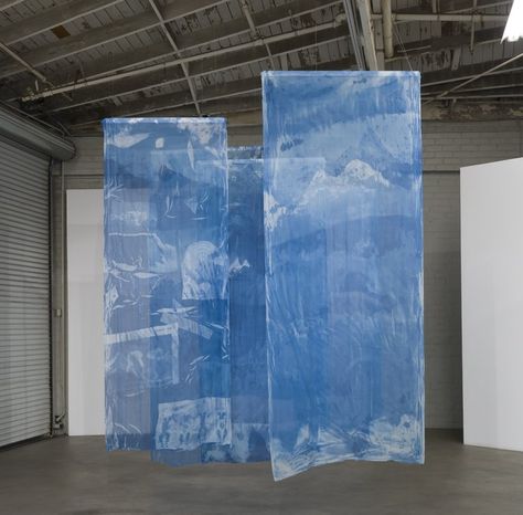 The Blue of Distance,  Cyanotypes on Silk, ~ 48x108in each, 2018 Paul Kremer, Photography Cyanotype, Cyanotype Process On Fabric, Cyanotype Exhibition, Large Cyanotype, Wet Cyanotype, Sculpture Textile, Night Gallery, Measuring Instrument