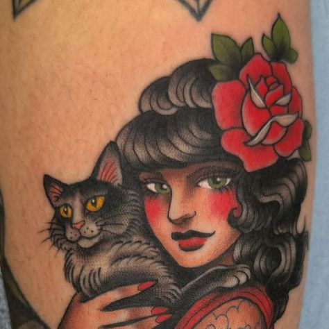 Anna Wall on Instagram: "Cute lil tattooed cat lady gap filler 😸 Thanks as always, Stevie! ☀️ P.S. I still have time on October 17th in San Diego — DM me to make an appointment and get a cool tattoo while I’m in town! #annawalltattoo #catladytattoo #tattoosontattoos #ladyheadtattoo #kittytattoos" Lady And Cat Tattoo, Locket Tattoos, Traditional Tattoo Drawings, Cool Tattoo, Tattoo For Son, Wall Tattoo, Make An Appointment, Head Tattoos, American Traditional