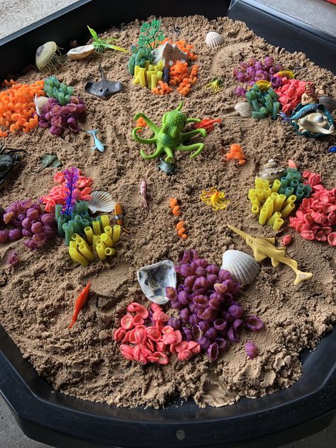 Underwater Sensory Room, Small World Eyfs Ideas, Under The Sea Tuff Tray Ideas Eyfs, Sea Tuff Tray Ideas, Ocean Tuff Tray, Under The Sea Tuff Tray Ideas, Under The Sea Messy Play, Eyfs Summer Activities, Beach Eyfs