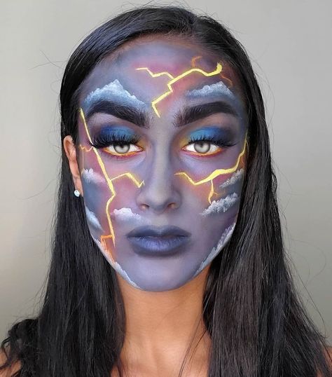 Tornado Face Paint, Stormy Makeup, Thunder Costume, Storm Makeup, Cloud Tutorial, Carnival Face Paint, Body Art, Makeup Tutorial, Halloween Face Makeup