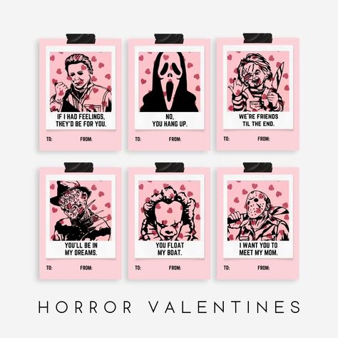 If you love horror movies, these printable Killer Valentine's Day Cards are just for you! These horror valentine cards feature 6 famous killers from spooky movies we all know and love. Horror Valentines Cards, Scary Valentines, Valentines Horror, Therapist Resources, Spooky Movies, Valentine's Day Cards, Horror Characters, Valentine Cards, Hard Times