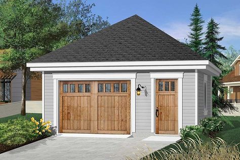 A single bay gives your car access to this one-car detached garage plan.A man door in front gives you access to light storage space along the right side. Backyard Door, Garage Pics, Garage Plans Detached, Practical Knowledge, Backyard Studio, Garage Remodel, Shingle Exterior, Garage Plan, Backyard Sheds