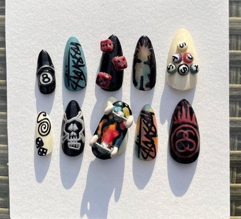 craziestttt @stussy themed set with graphic designs and 3d skateboard + inspo images for each nail #pressonnails #stussy #stussynails #skate #streetstyle #graphicart #nailart Stussy Nails, Skateboard Graphic Design, 3d Skateboard, Skateboard Graphics, Graphic Designs, Press On Nails, Nail Art Designs, Skateboard, Graphic Art