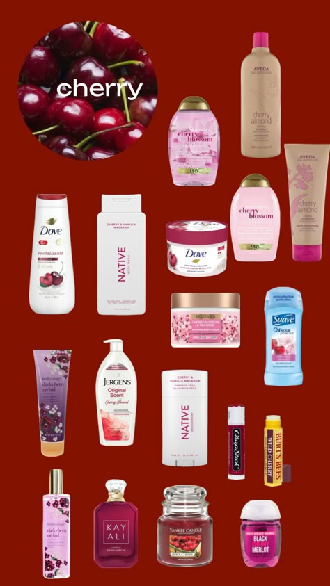 cherry scents😍 Dove Cherry Body Wash, Cherry Body Care, Cherry Scented Products, Cherry Deodorant, Cherry Body Spray, Cherry Lotion, Cherry Body Wash, Scent Board, Summer Smells