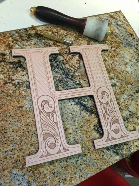 Hand Tooled Leather Letters. Tooled Leather Lettering, Leather Tooled Letters, Leather Tooling Letters, Tooled Leather Designs, Leather Letters, Handmade Leather Work, Leather Stamping, Leather Working Patterns, Leather Tooling Patterns