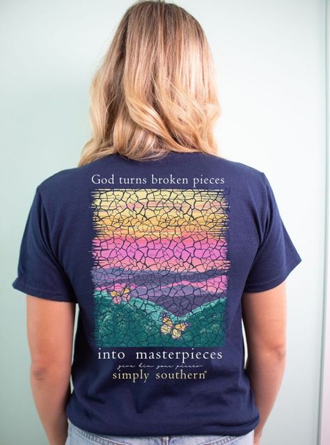 Pre-shrunk and ring-spun 100% cotton. Unisex sizing. Southern Logo, Blue Short Sleeve Shirt, Dress Purse, Broken Pieces, Butterfly Graphic, Navy Blue Shorts, Mountain Scene, Simply Southern, Top Graphic Tees