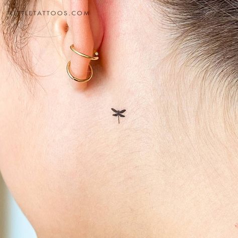 Small Dragonfly Tattoo Behind Ear, Dragonfly Behind The Ear Tattoo, Tiny Dragonfly Tattoo For Women, Small Dragonfly Tattoo For Women, Tiny Dragonfly Tattoo, Fine Line Dragonfly Tattoo, Inner Ear Tattoo, Jonboy Tattoo, Small Dragonfly Tattoo