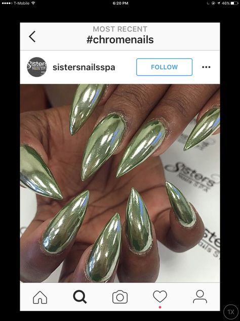 Jade green stiletto chrome nails Jade Chrome Nails, Sage Chrome Nails, Green Iridescent Nails, Sage Green Chrome Nails, Light Green Chrome Nails, Stiletto Nails Chrome, Green Metallic Nails, Metallic Green Nails, Chrome Green Nails