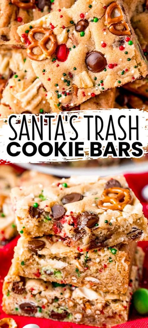 Santa’s Trash Can Cookies, Santas Trash Cookies Delish, Santa’s Trash Cookie, Best Santa Cookies, Santa Trash Cookie Recipe, Santa’s Favorite Christmas Cookie Bars, Christmas Squares And Bars Cookie Exchange, Cookies For Santa Recipe, Big Christmas Cookies