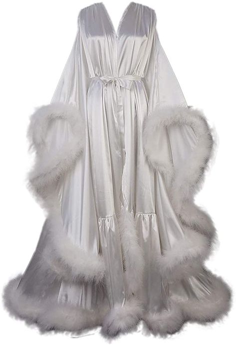 Old Hollywood Feather Robe Sexy Boudoir Robe Feather Bridal Robe Satin Long Wedding Scarf New Custom Made (L, Blush Pink) at Amazon Women’s Clothing store Fancy Robes, Satin Bridal Robe, Pijamas Women, Feather Fringe, Crystal Wedding Dress, Hollywood Vintage, Wedding Scarf, Luxury Robes, Bridal Robe