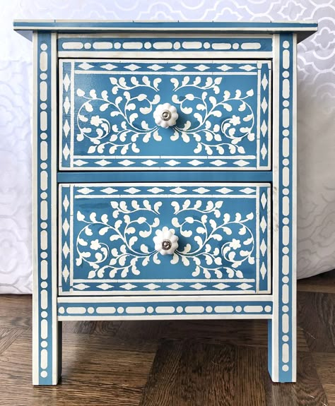 Unusual Bedside Tables, Bone Inlay Bedside Table, Bone Inlay Furniture, Inlay Design, Inlay Furniture, Stencil Furniture, Diy Furniture Renovation, Bone Inlay, Furniture Renovation