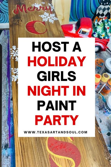 The holiday season can be so busy that many of us often feel depleted rather than joyful. It's filled with parties for work and school, and family gatherings. All that celebrating can leave you feeling more worn out than filled with Christmas cheer. I have an idea that will help. Host a Christmas paint party! I'm sure the thought of hosting anything “extra” during the holiday season may seem like too much to add to your plate. But, I promise, it’s easier to do than you think! Christmas Crafting Party Ideas, Paint Party Ideas For Adults Decorations, Paint Night Snacks, Christmas Group Painting Ideas, Christmas Paint Night Ideas Step By Step, Holiday Paint Party Ideas, Girls Night Holiday Craft, Christmas Paint Party Ideas Canvases, Holiday Paint And Sip Ideas