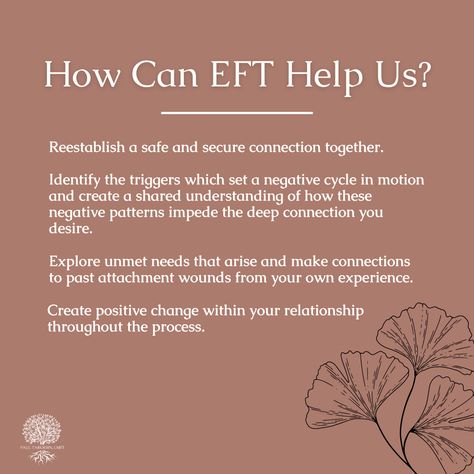 I emphatically believe EFT is a powerful and transformative experience to share with your partner that can create a new sense of safety and security in relationships for even the most distressed couples. Have more questions about how EFT could help you? Send me a DM! #therapy #therapyworks #emotionallyfocusedtherapy #EFT#communicationcures #communication #attachmenttheory #attachmentstyles #mentalhealth #couplestherapy #relationshiptherapy #marriagecounseling Eft Therapy Couples, Eft Couples Therapy, Emotional Focused Therapy, Emotionally Focused Couples Therapy, Negative Pattern, Eft Therapy, Relationship Advice Marriage, Emotionally Focused Therapy, Therapy Interventions