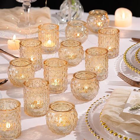 Gold Votives Wedding Centerpieces, Candle Votives Wedding, 50th Wedding Anniversary Party Favors, 50 Anniversary Ideas Decoration, Gold Candlesticks Wedding, 50 Wedding Anniversary Party Favors, 50th Anniversary Table Decorations, Simple Wedding Centerpieces Diy, 50th Anniversary Table