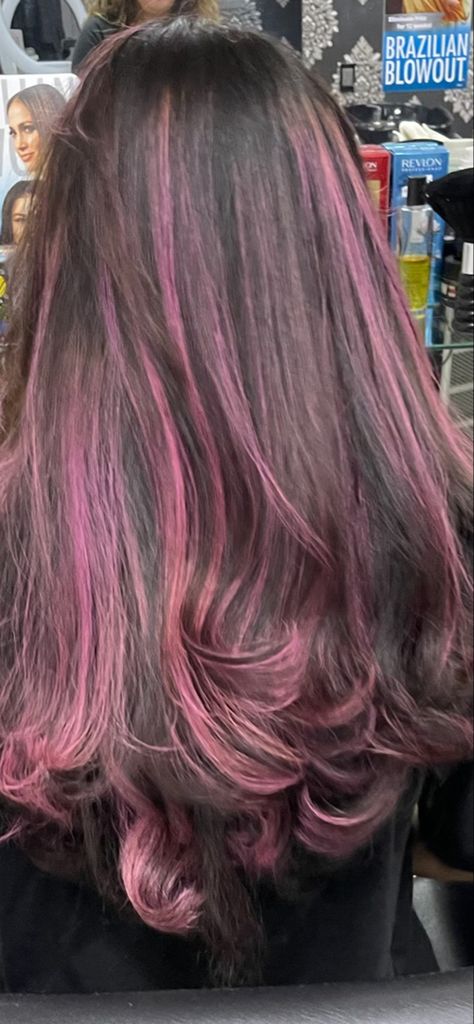 Streaks Of Color In Hair Brown, Dark Purple With Highlights, Hair Color For Wavy Hair Highlights, Natural Pink Highlights In Brown Hair, Strawberry Pink Highlights In Brown Hair, Pink Hair Dye Streaks, Brown Hair With Colourful Highlights, Cute Purple Hair Dye Ideas, Highlights Brown Hair Colorful