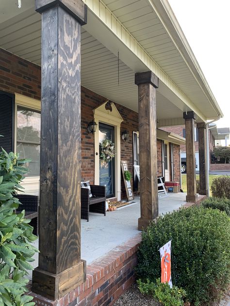 Brick House Wood Columns, Cover Wrought Iron Porch Columns, Pier And Beam Front Porch Ideas, Metal Porch Columns, Stained Porch Columns, Wrap Porch Columns, Barndominium Porch, Front Porch Post Ideas, Wood Wrapped Columns