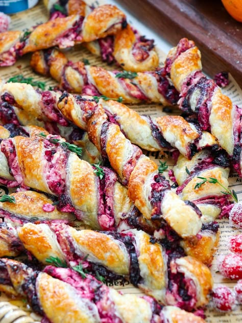 Blackberry Goat Cheese Puff Pastry Twists Goat Cheese Puff Pastry, Blackberry Goat Cheese, Steak Crostini, Pastry Twists, Puff Pastry Twists, Parmesan Potato, Sweet Appetizer, Creamy Goat Cheese, Cheese Puff