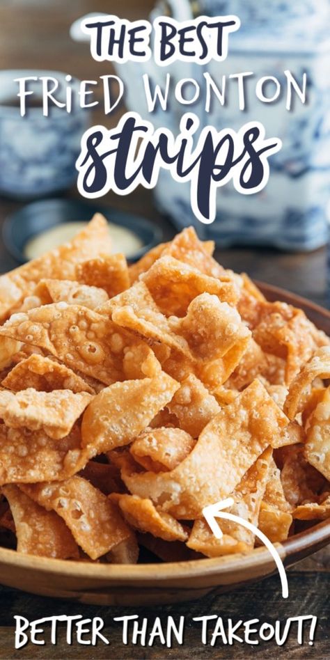 Do you love the fried wonton strips served at Chinese-American restaurants? They’re easy to make at home! With this recipe, you’ll get all the tips and tricks you need to make restaurant-quality crispy wonton chips for your next “takeout fakeout” dinner. #takeoutfakeout #wontons #chinesefood How To Make Wontons, Vegetarian Wonton, Fried Wonton, Wonton Wrapper Recipes, Wonton Chips, Crispy Wonton, Fried Wontons, Wonton Recipes, Mapo Tofu