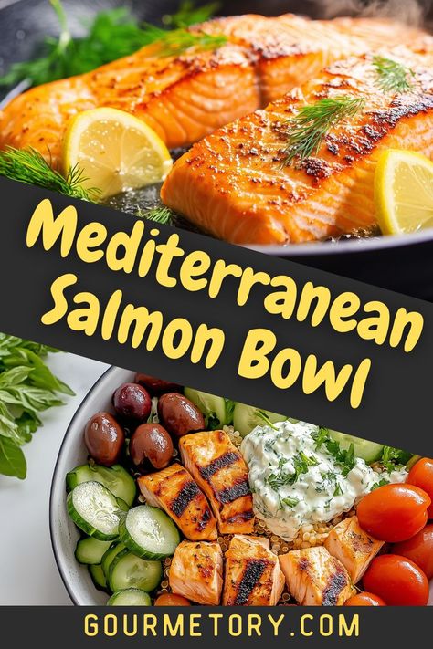 Savor the vibrant and refreshing flavors of the Mediterranean with this Greek Salmon Bowl. Combining perfectly grilled salmon, crisp veggies, fluffy rice, and tangy tzatziki, this recipe delivers a wholesome and delightful meal. Mediterranean Salmon Bowl, Salmon Bowl Recipe, Greek Salmon, Mediterranean Salmon, Salmon Rice Bowl, Salmon Bowl, Fluffy Rice, Mediterranean Salad, Salmon And Rice