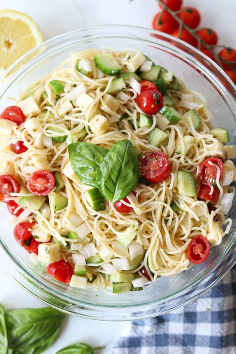 Angel Hair Pasta Salad Cold Angel Hair Pasta Salad, Angel Hair Pasta Salad, Protein Pasta Salad, Potato Salad Dill, High Protein Pasta, Pasta Salad Ingredients, Pasta Salad Dressing, Salad With Lemon, Easy Pasta Salad Recipe