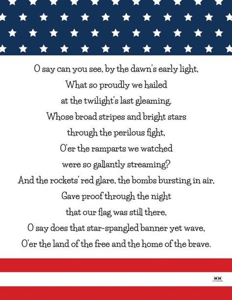 Choose from 10 unique Star Spangled Banner lyrics printables perfect for home, a classroom, or other learning activities. 100% FREE! Print from home! Star Spangled Banner, Home Of The Brave, Star Spangled, A Classroom, Bright Stars, Learning Activities, Free Printables, Education, Stars