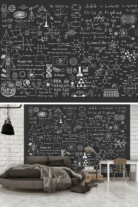 A wall mural with the laws of mathematics, chemical rules and the principles of physics - all on one wall. This cheat sheet will be useful not only in the student's room. 😊 And how great it looks! Science Theme Bedroom, Blackboard Wall Bedroom, Physics Decoration, Math Mural, Science Bedroom Decor, Science Bedroom, Wallpaper Science, Science Painting, Science Room