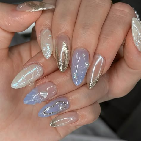 𓂅 wispy mermaid 𓇻 Elegant and timeless; perfect for summer 🐚 June/July special on Medium Almond Gel-X; DM to book for July, press on orders shop at janetsnails.com ✨ #nailinspo #naildesign #chromenails #mermaidnails #nails2inspire #trendynails #gelxnails #pinterestnails #shellnails #beachnails #vancouvernails #nailart Nail Art Elegant Classy, Medium Nail Ideas, Almond Nails For Summer, Mermaid Inspired Nails, Bali Nails, Nail Aesthetics, Nails Board, Bday Nails, Medium Almond