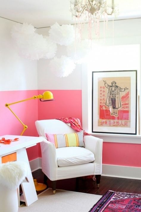 30 Tasteful Ways to Add Colorful Accents to Your Home | Brit + Co Half Painted Walls, Two Tone Walls, Pink Wall, White Room, Bedroom Paint, Pink Walls, My New Room, Cheap Home Decor, Interior Paint