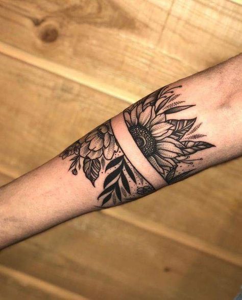 Neotrad Sunflower, Sunflower Arm Band Tattoo, Band Tattoo For Women, Cute Forearm Tattoos, Forearm Flower Tattoos, Tattoo Band, Mandala Flower Tattoos, Cuff Tattoo, Tattoo Floral