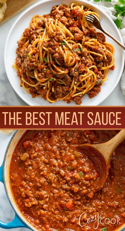 meat sauce with spaghetti on a white plate on the top and meat sauce in a skillet on the bottom Best Meat Sauce, Spaghetti Beef Recipe, Make With Ground Beef, Meat Sauce Recipe, Best Spaghetti Sauce, Homemade Spaghetti Sauce Recipe, Homemade Meat Sauce, Spaghetti Recipes Easy, Spaghetti Meat Sauce