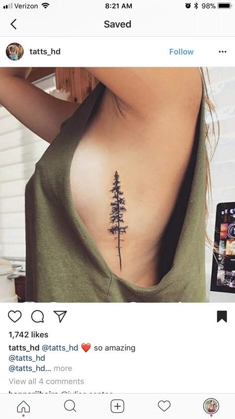 Rib Tree Tattoo, Tree Rib Tattoo For Women, Tree Tattoo Side Rib Cage, Rib Tree Tattoos For Women, Evergreen Tattoos For Women, Woods Tattoo Ideas, Tree Tattoo Ribcage, Jack Pine Tattoo, Tree On Ribs Tattoo