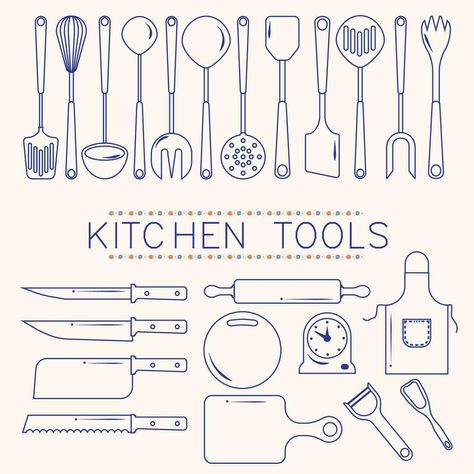 Kitchen Tools Vector Illustration. Kitchen Utensils Line Design Vector. Kitchen Tools Drawing, Kitchen Utensils Illustration, Setting Drawing, Illustration Kitchen, Tools Drawing, Tree Saw, Kitchen Utilities, Heart Tree, Color Logo