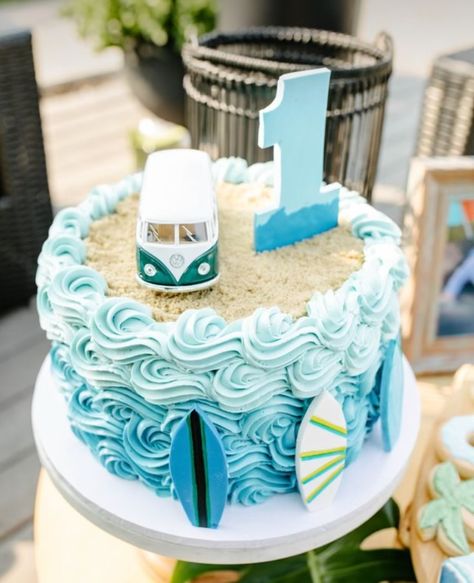 Surf Cake Smash, The Big One Surf Birthday Cake, Big One Birthday Cake, Surf Cupcakes, Baby On Board Cake, The Big One Cake, Beach Party Food, Surf Cake, Surf Birthday Party