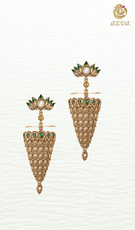 Lotus inspired contemporary gold earrings with engraving, enamel and kundan by Azva Lotus Inspired Jewellery, Temple Jewellery Earrings, Jewellery Design Sketches, Silver Jewellery Online, Antique Jewellery Designs, Pearl Necklace Designs, Jeweled Earrings, Antique Gold Jewelry, Jewellery Earrings