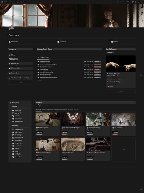 Notion Template Ideas Aesthetic For Students Dark, Dark Academia Class Schedule, Dark Academia Notion Template Free, Notion Law School, Uni Notion, Dark Academia Notion Template, Courses Aesthetic, Dark Academia Notion, Assessment Tracker