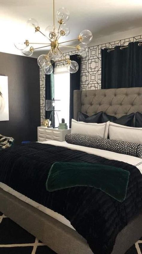 Master Bedrooms Decor Black White Gold, Black Gray Gold Bedroom, Z Gallerie Bedroom Inspiration, Black And Gold Room Decor Master Bedrooms, Teal White And Grey Bedroom, Dark Bedroom Ideas Black, Black And Emerald Bedroom, Black And White Glam Bedroom, Green And Black Bedroom