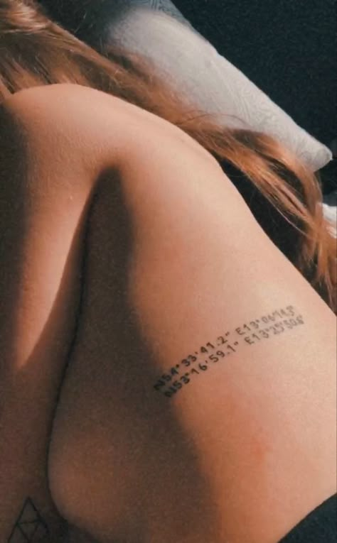 Lover Back Tattoo For Women, Coordinates Tattoo Back, Word Tattoos For Women Placement, Lover Tattoo Word, Gps Coordinates Tattoo, Travel Tattoo Ideas For Women, Coordinates Tattoo Placement, Tattoo Coordinates, Travel Tattoo For Men