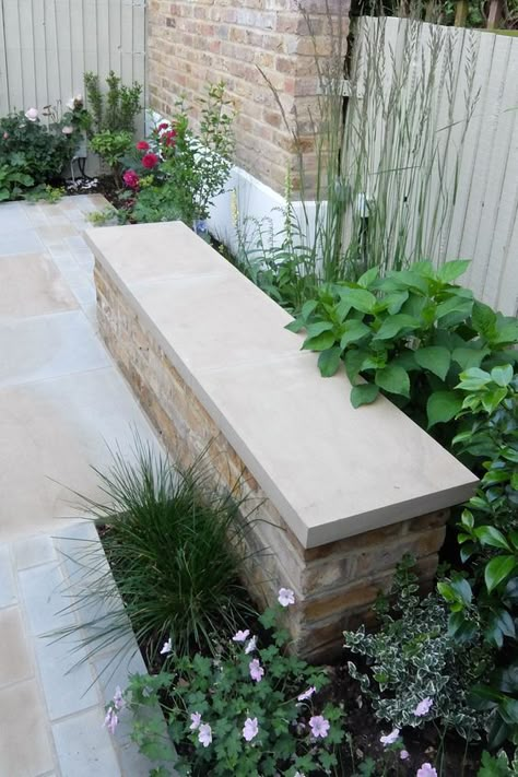 Stone Bench Idea for patio addition Garden Stone Bench Ideas, Stone Garden Seating, Front Garden Bench, Stone Bench Garden, Stone Benches Outdoor, Tiny Courtyard Garden, California Garden Design, Tiny Courtyard, Granite Bench