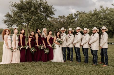 Burgandy wedding, burgandy bridesmaid dresses, cowboy wedding, western wedding, boots and jeans, wedding ideas, blush bridesmaid dresses Groomsmen Jeans Burgundy, Western Burgundy Bridesmaid Dresses, Cowboy Groomsmen Burgundy, Tan And Jeans Groomsmen, Maroon And Tan Wedding Theme, Burgandy Western Wedding, Burgundy Cowboy Wedding, Maroon Western Wedding Theme, Western Wedding Burgundy