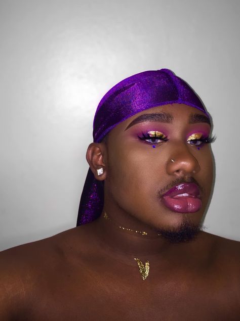 Black Guy Makeup, Black Male Makeup, Black Male Makeup Looks, Men’s Pride Makeup, Lgbtq Makeup, Lgbtq Flags As Makeup, Men Wearing Makeup, Bald Black Man, Purple Makeup Looks