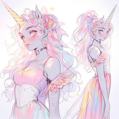 Character reference of a unicorn girl - brigh Unicorn Inspired Outfits, Fantasy Unicorn Art, Unicorn Horn Drawing, Unicorn Humanoid, Unicorn Human Hybrid, Unicorn Satyr, Unicorn Oc Human, Unicorn Girl Art, Unicorn Fursona