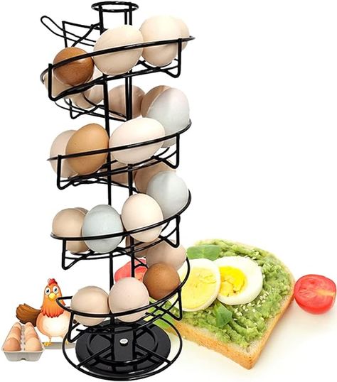 ✿【First Come First Served】: The egg distribution rack with spiral design makes it easier to pick eggs according to the date of collection. Always remove from the bottom to ensure that older eggs are used first, racks prevent eggs collected on different days from getting mixed up. Kitchen Without Handles, Egg Skelter, Egg Dispenser, Storing Eggs, Egg Stand, Egg Storage, Metal Display, Egg Basket, Storage Display