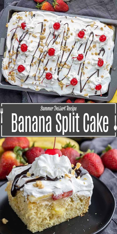 This easy banana split cake takes all of the flavors of your favorite ice cream treat and bakes them into a delicious poke cake. A banana split poke cake starts with banana cake and is topped with vanilla pudding, pineapple toppings, strawberries, bananas, Cool Whip, and cherries on top! This easy poke cake recipe makes a great 4th of July dessert and a great dessert to bring to a potluck. It's an easy cake recipe that starts with a box of cake mix! Banana Split Poke Cake, Banana Split Cake No Bake, Summer Poke Cake, Banana Split Icebox Cake Recipe, Banana Pineapple Cake, Easy Poke Cake, Banana Split Cake Recipe, Banana Split Recipes, Pudding Poke Cake