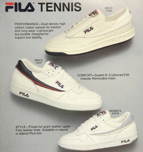 Tags & Threads on Instagram: “Performance, comfort and style. 1986 Fila Tennis ad from H. Altice Marketing, the licensee that brought their footwear to the US in '83.…” Fila Tennis, Fila Vintage, Vintage Sneakers, Full Grain Leather, Leather Upper, Tennis, Thread, Marketing, Bring It On