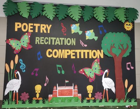 Craft Recitation Competition Decoration, Poem Recitation Competition, Kids Crafts Preschool, Kindergarten Syllabus, Poetry Competition, Poem Recitation, Soft Board Decoration, Competition Board, Singing Competition