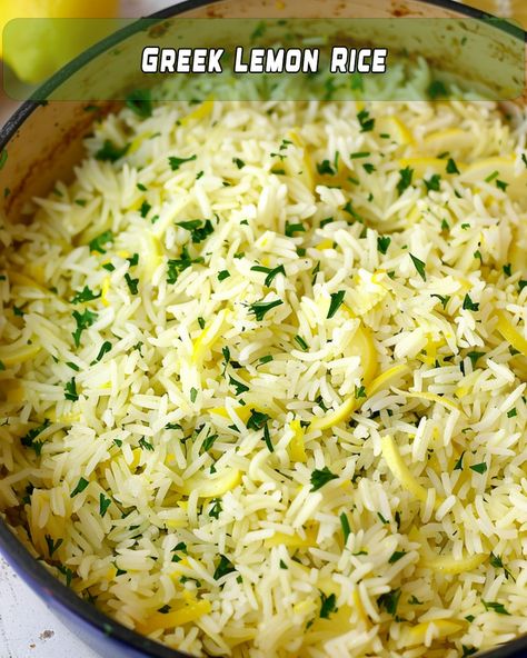 Lemon Rice Recipe, Greek Rice, Greek Lemon Rice, Orzo Salad Recipes, Lemon Rice, Rice Ingredients, Mediterranean Diet Recipes, Rice Recipe, Crockpot Recipes Easy