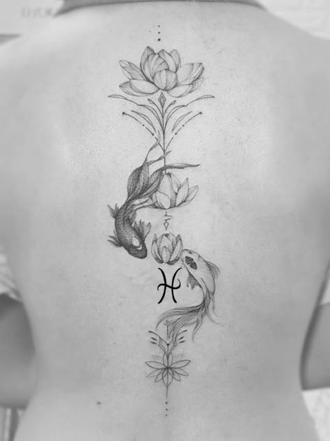 Surreal Back Tattoo, Pisces Tattoo Spine, Lotus Fish Tattoo, Spine Koi Fish Tattoo, Pisces Spine Tattoos For Women, Pieces Back Tattoo, Coy Fish Spine Tattoo, Yin Yang Spine Tattoo, Spine Tattoo Koi Fish