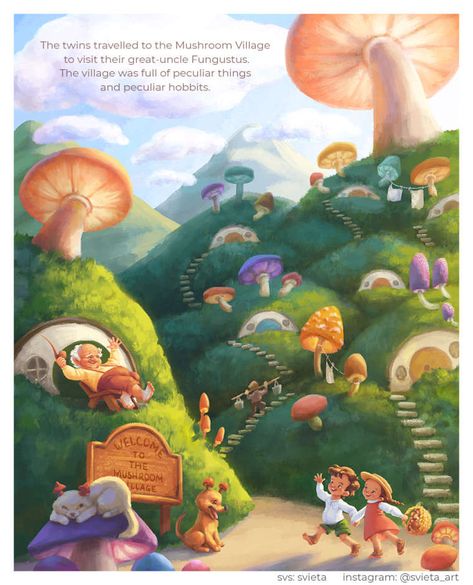 Mushroom Village, Village Illustration, Illustration Story, Scenery Paintings, Science Fiction Art, Fantasy Concept Art, Children’s Books, Book Illustration, The Hobbit