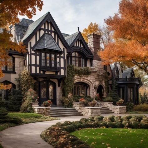 Romantic Home Exterior, Gothic Tudor House, Houses Reference, Shifting Places, Tudor Village, Dark Home Aesthetic, Modern Gothic Home, Modern English Cottage, Tudor House Exterior