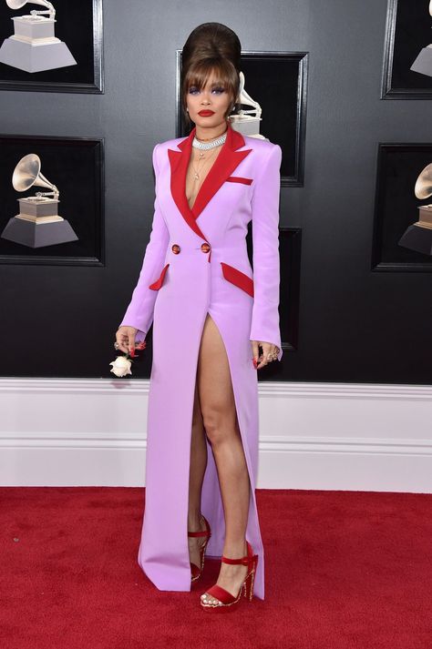 Red carpet, Clothing, Carpet, Suit, Fashion model, Formal wear, Fashion, Pink, Flooring, Dress, Grammy Awards 2022, Andra Day, Lilac Blazer, Grammy Dresses, Silver Cocktail Dress, Ellie Saab, 90s Runway Fashion, Silver Cocktail, Dress Purple